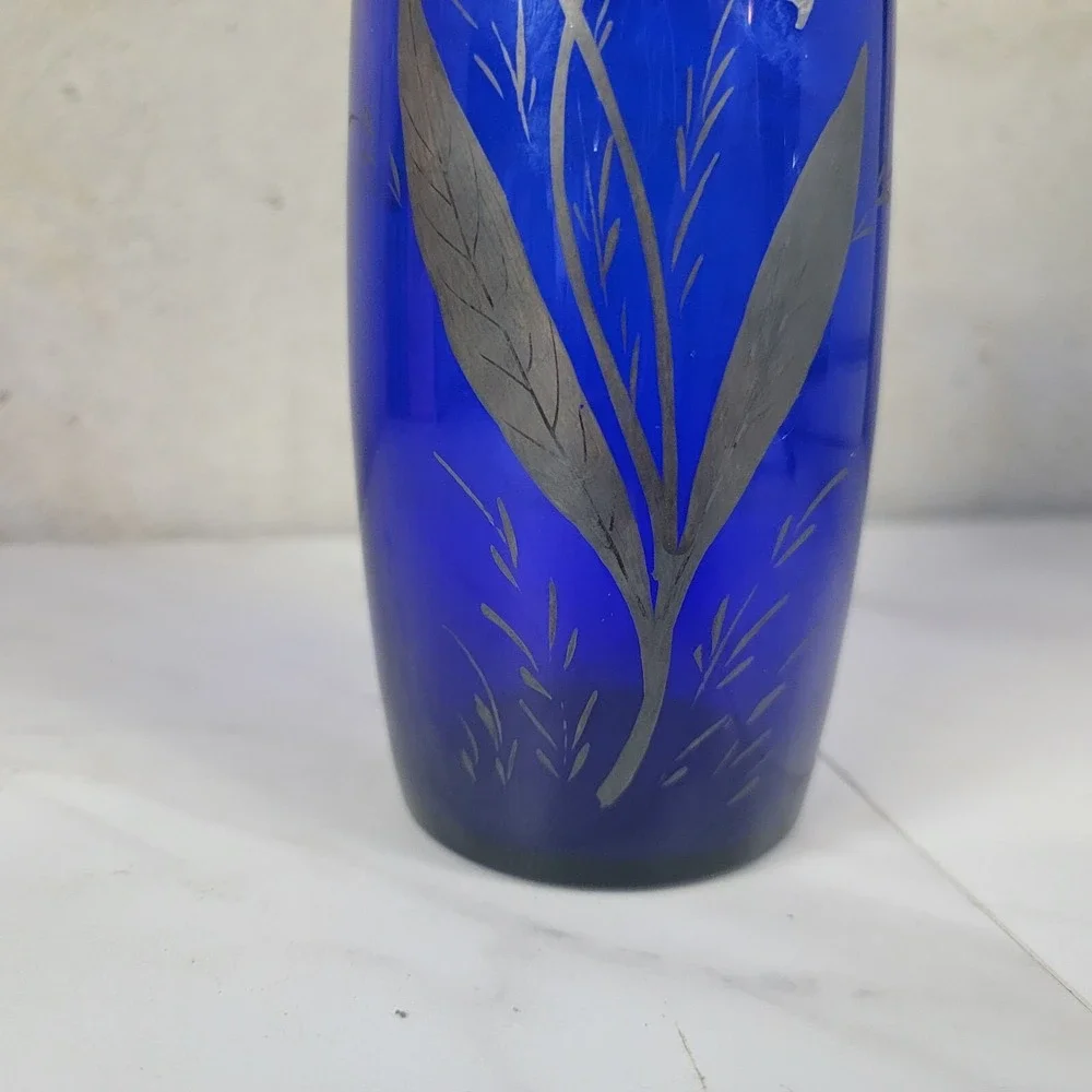 Vintage Cobalt Blue Czech Glass 8.5 Inch Vase Hand Painted‎ Silver Flowers